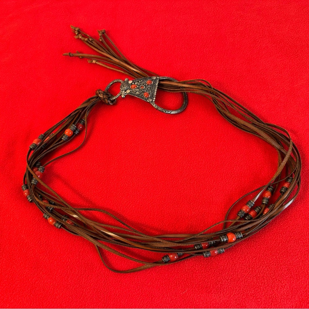 Stunning brown leather fringe Belt with Silver Buckle and Red Beads Italy made